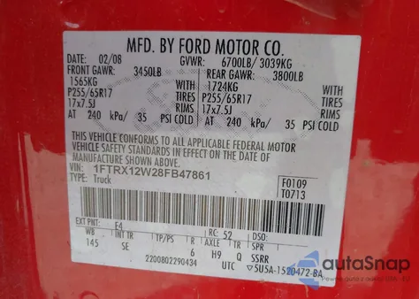 2008 Ford F-150 Fx2/Stx/Xl/Xlt z USA, uszkodzony, nr VIN 1FTRX12W28FB47861